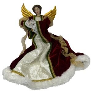 Balsam Hill Angel Tree Topper Red Gold Velvet Faux Fur Trim Wings Christmas Xmas